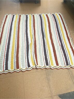 Handmade Cream, Mustard, Rust & Brown Striped Crochet Throw Blanket